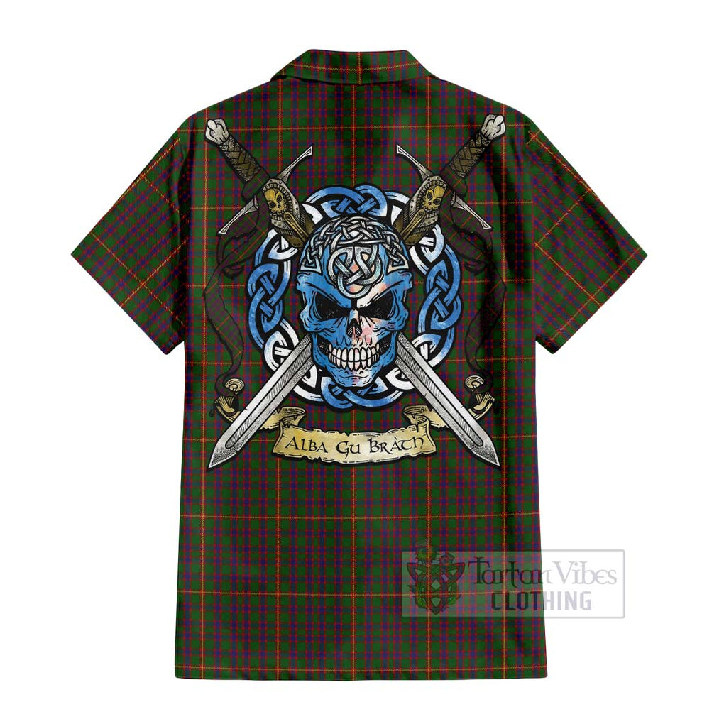 Tartan Vibes Clothing Hall Tartan Short Sleeve Button Shirt with Family Crest Celtic Skull Style