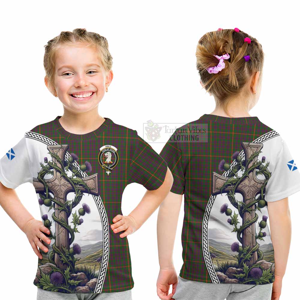 Tartan Vibes Clothing Hall Tartan Kid T-Shirt with Family Crest and St. Andrew's Cross Accented by Thistle Vines