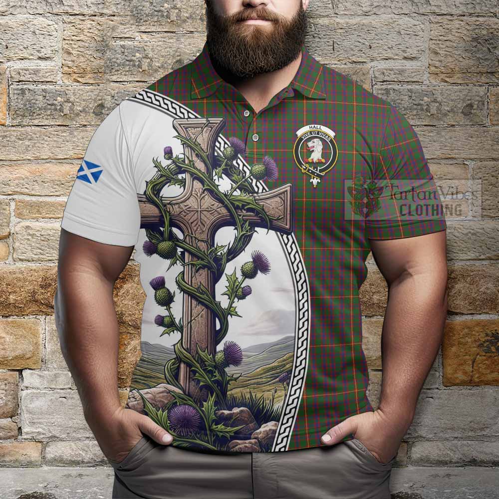 Tartan Vibes Clothing Hall Tartan Polo Shirt with Family Crest and St. Andrew's Cross Accented by Thistle Vines