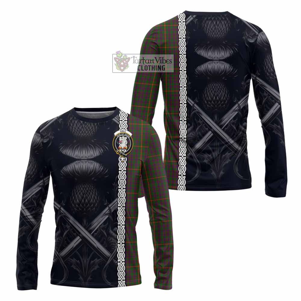 Tartan Vibes Clothing Hall Tartan Long Sleeve T-Shirt with Family Crest Cross Sword Thistle Celtic Vibes