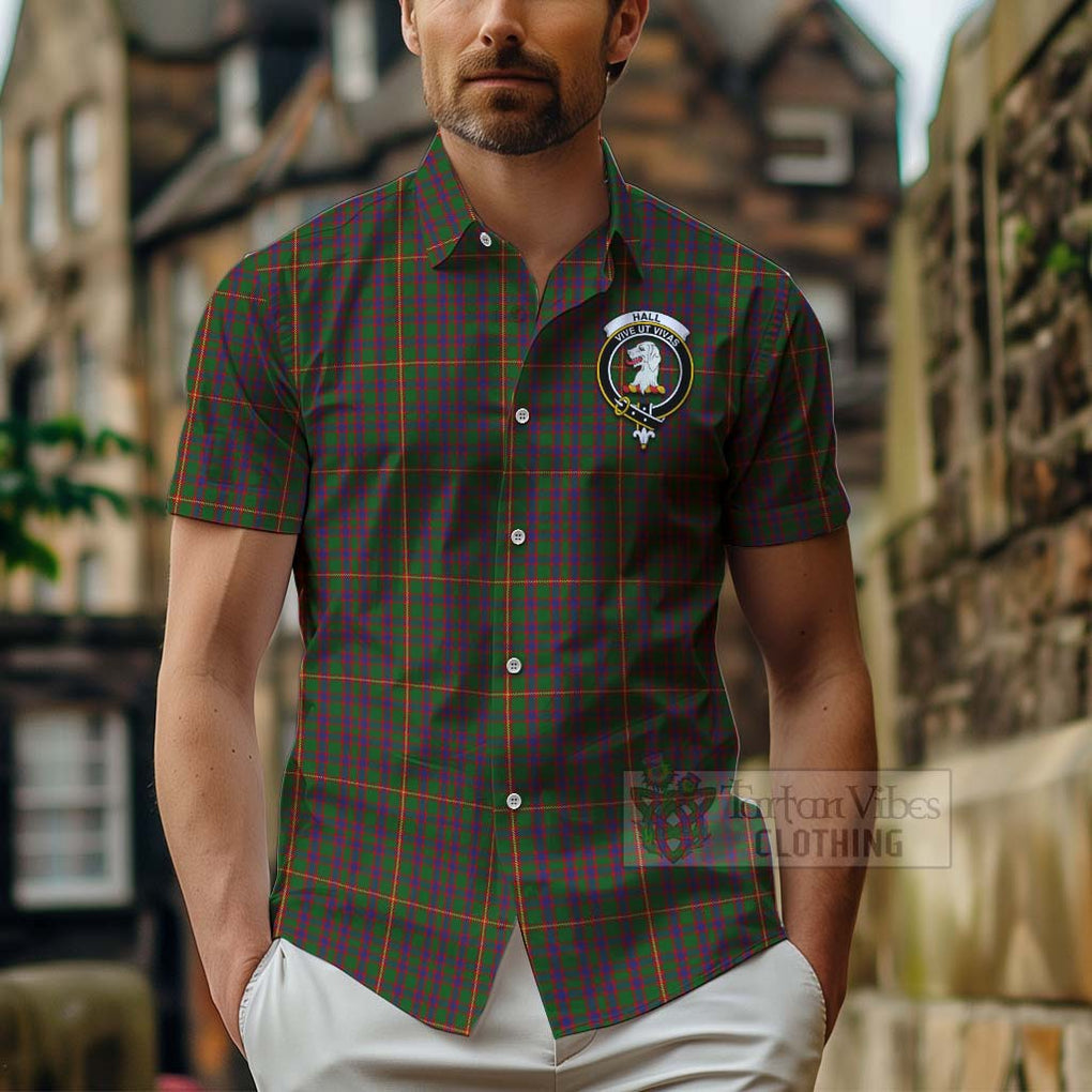 Tartan Vibes Clothing Hall Tartan Short Sleeve Button Shirt with Family Crest Celtic Skull Style