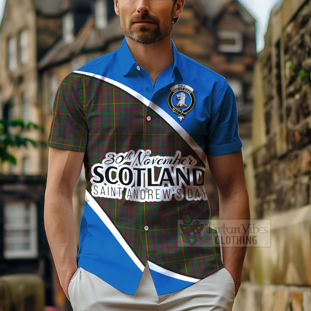 Tartan Vibes Clothing Hall Family Crest Tartan Short Sleeve Button Shirt Celebrate Saint Andrew's Day in Style