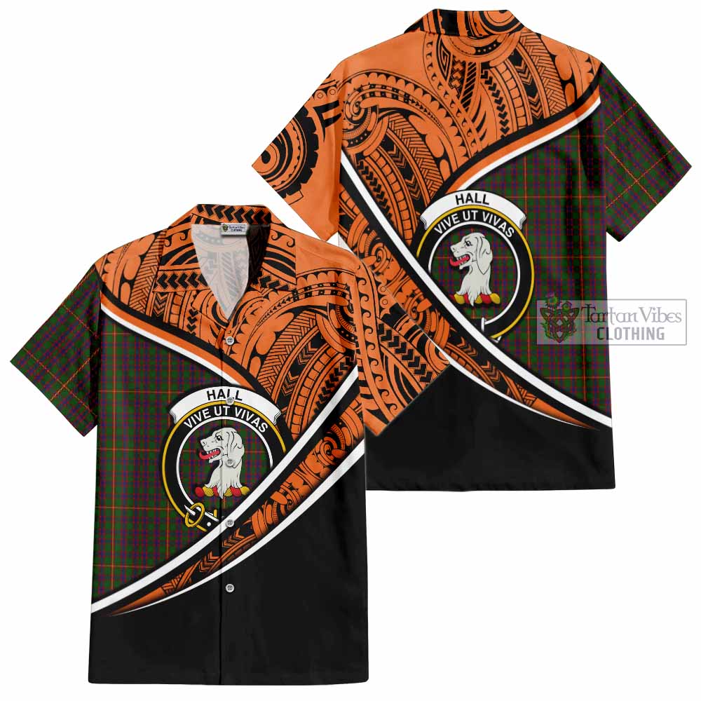 Tartan Vibes Clothing Hall Crest Tartan Short Sleeve Button Shirt with Maori Tattoo Style - Orange Version