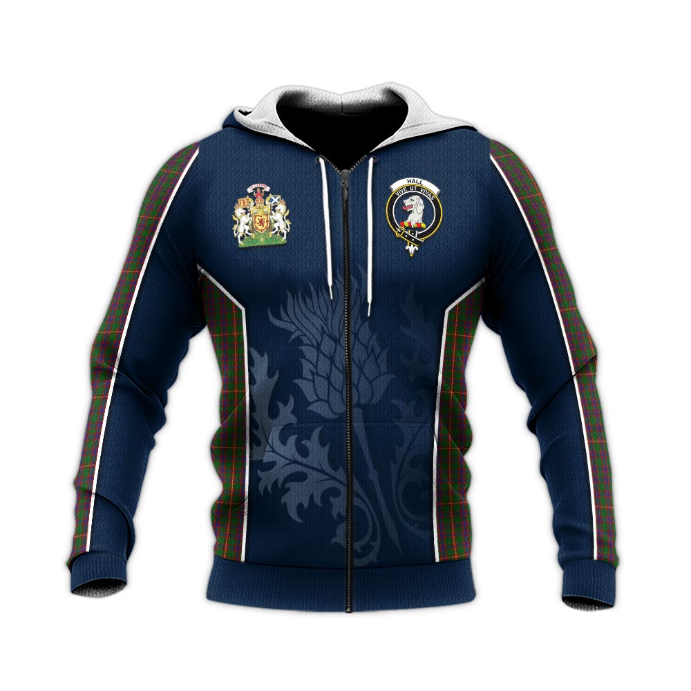 Tartan Vibes Clothing Hall Tartan Knitted Hoodie with Family Crest and Scottish Thistle Vibes Sport Style