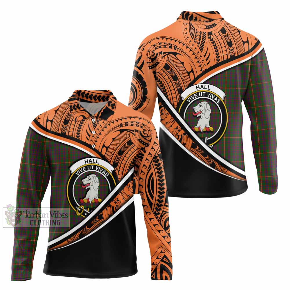 Tartan Vibes Clothing Hall Crest Tartan Long Sleeve Polo Shirt with Maori Tattoo Style - Orange Version