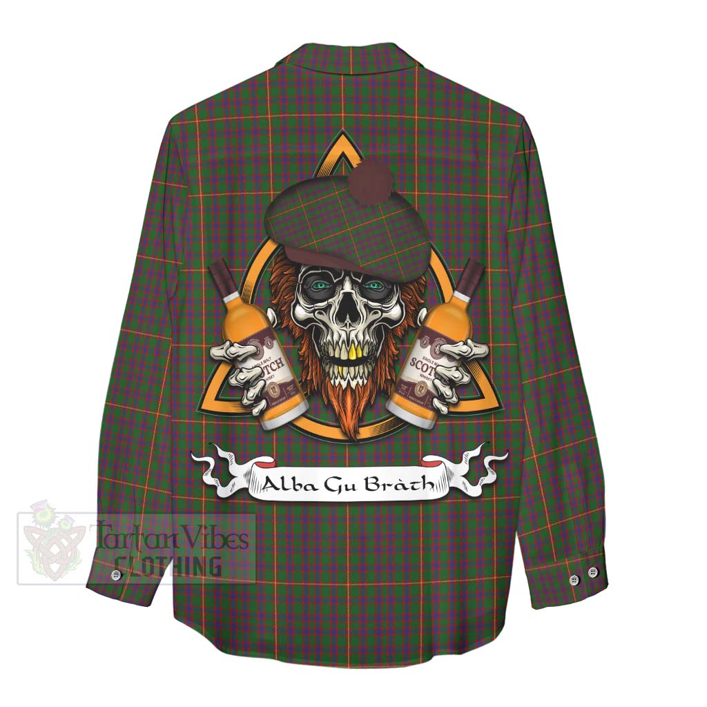 Tartan Vibes Clothing Hall Tartan Women's Casual Shirt with Family Crest and Bearded Skull Holding Bottles of Whiskey