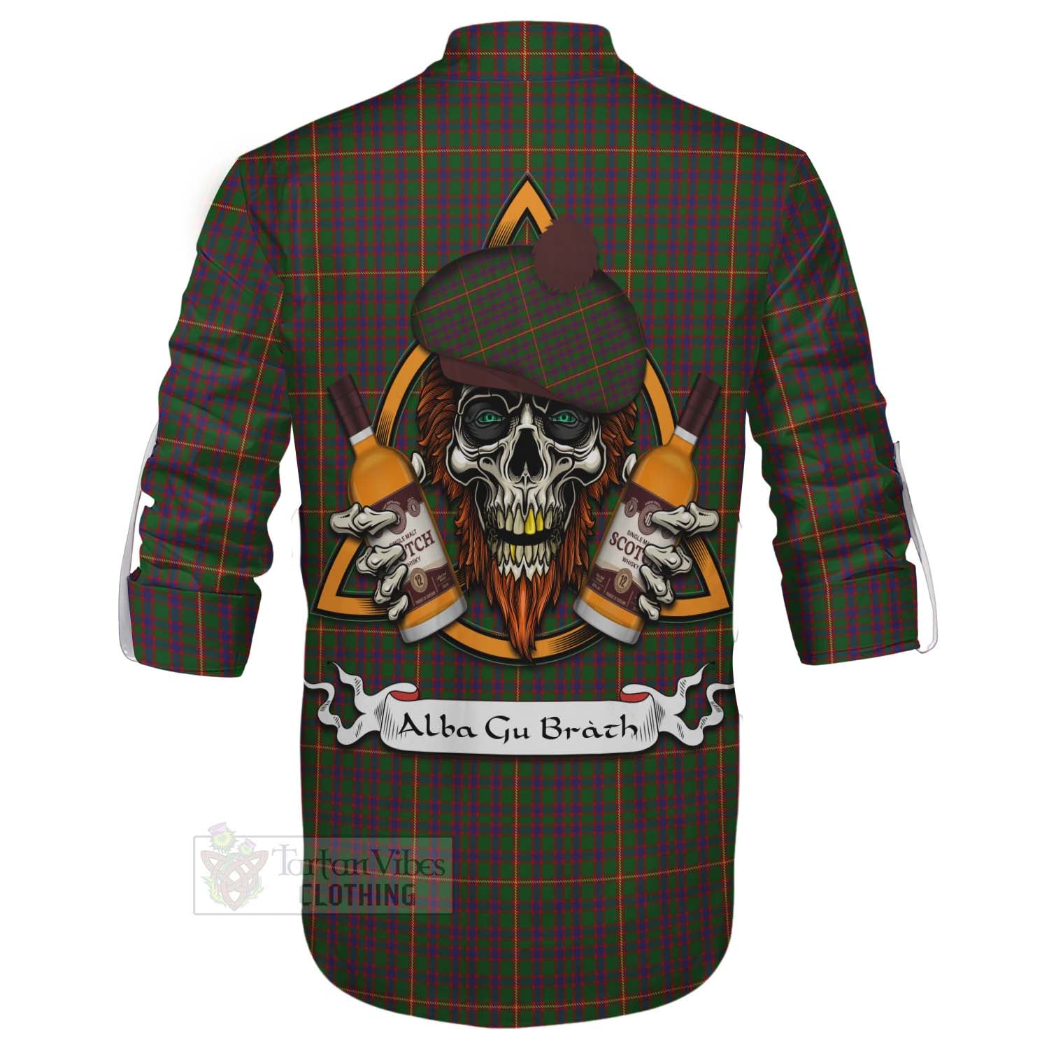 Tartan Vibes Clothing Hall Tartan Ghillie Kilt Shirt with Family Crest and Bearded Skull Holding Bottles of Whiskey