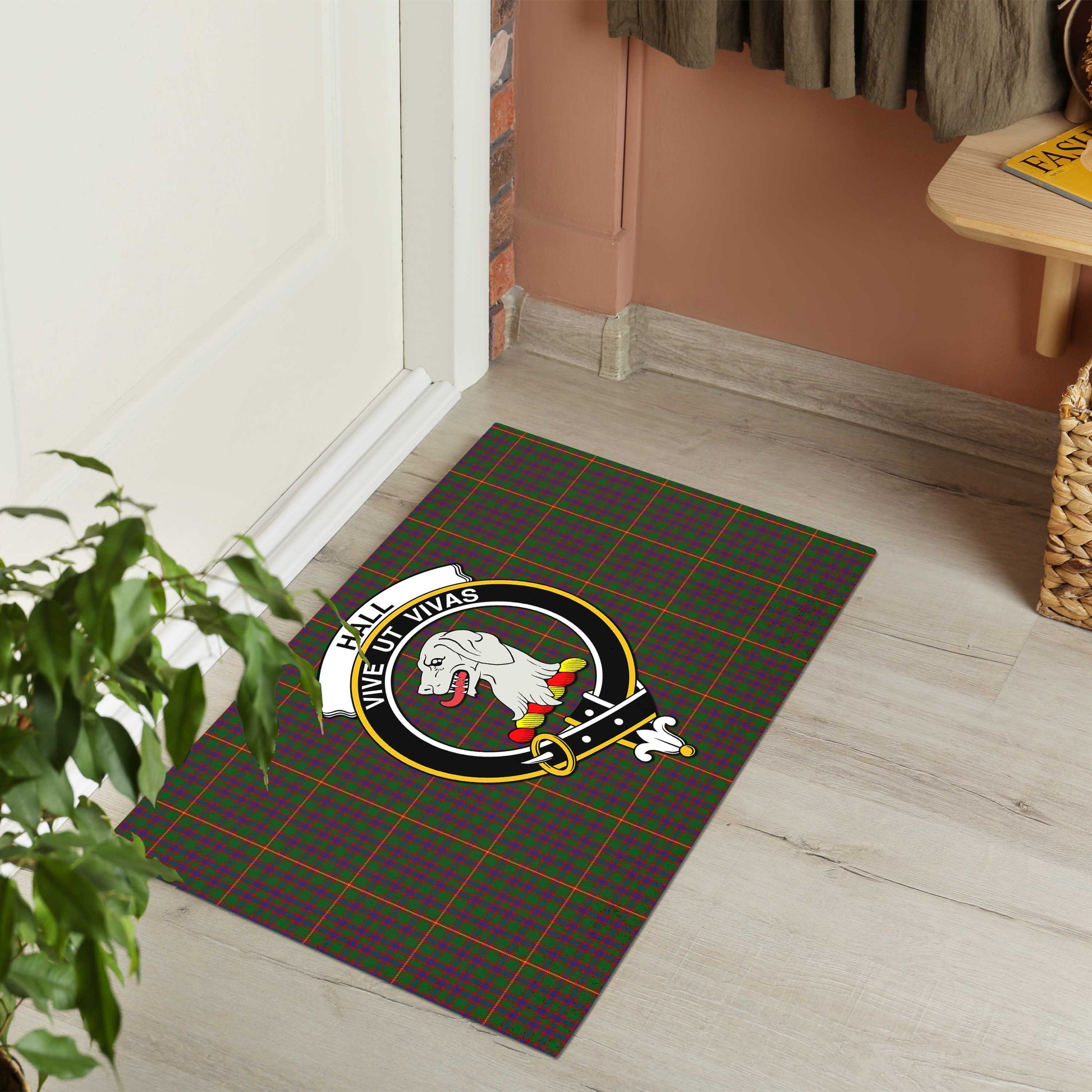 Hall Tartan Door Mat with Family Crest - Tartanvibesclothing