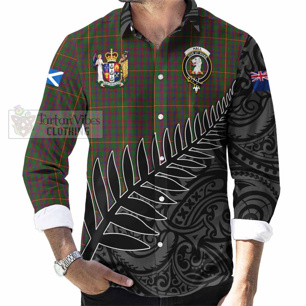 Tartan Vibes Clothing Hall Crest Tartan Long Sleeve Button Shirt with New Zealand Silver Fern Half Style