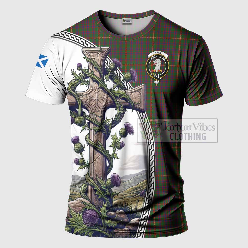 Tartan Vibes Clothing Hall Agnew Tartan T-Shirt with Family Crest and St. Andrew's Cross Accented by Thistle Vines