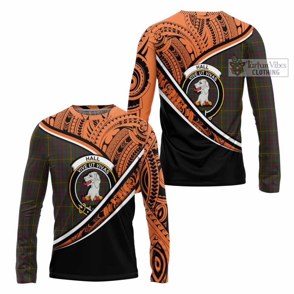 Tartan Vibes Clothing Hall Crest Tartan Long Sleeve T-Shirt with Maori Tattoo Style - Orange Version