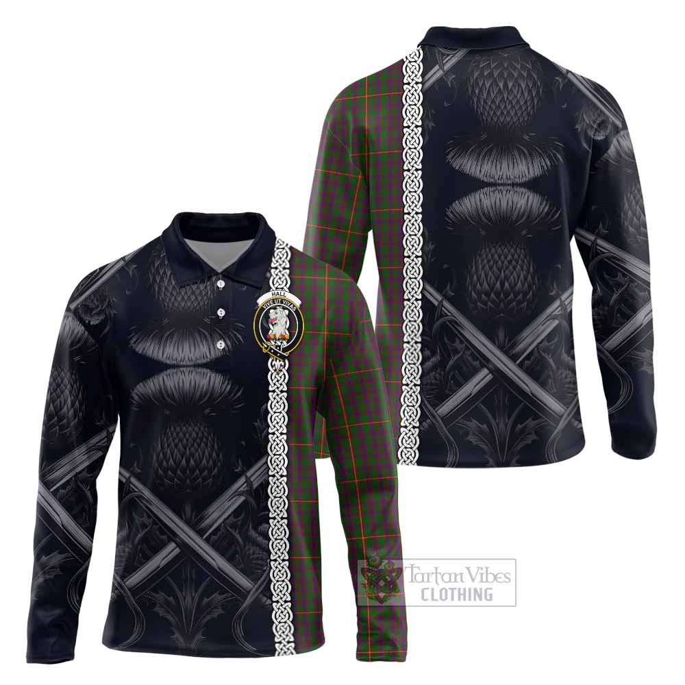 Hall Tartan Long Sleeve Polo Shirt with Family Crest Cross Sword Thistle Celtic Vibes - Tartan Vibes Clothing