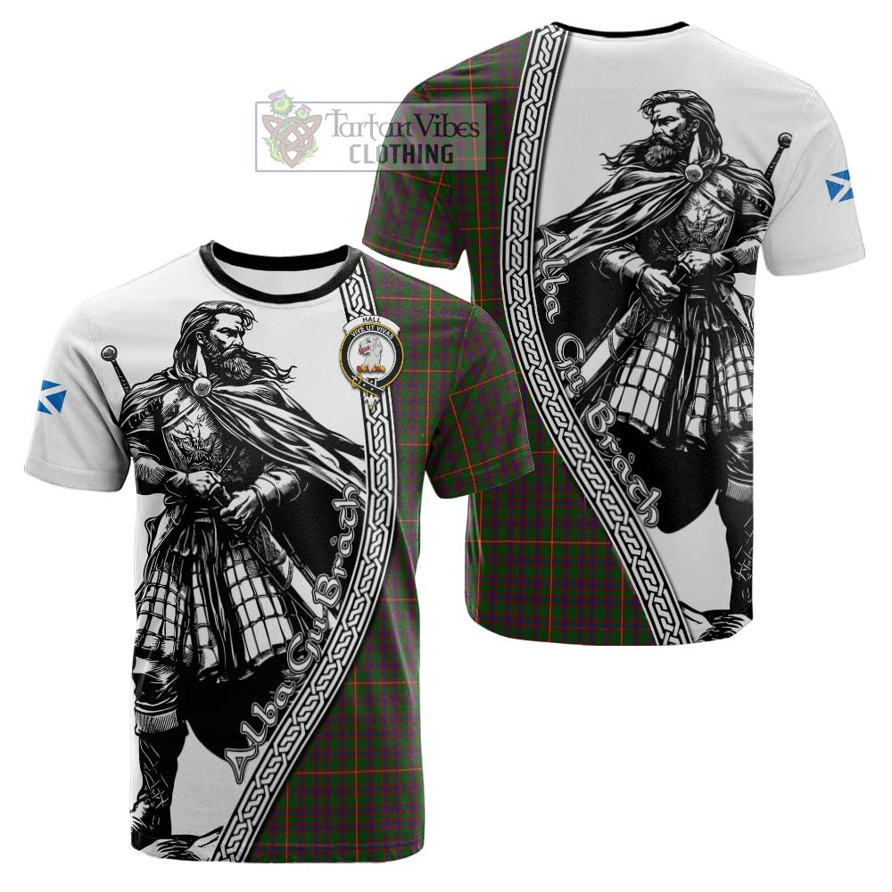 Hall Tartan Clan Crest Cotton T-shirt with Highlander Warrior Celtic Style