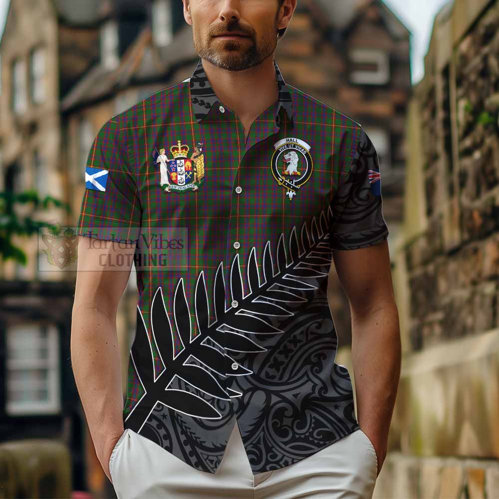 Tartan Vibes Clothing Hall Crest Tartan Short Sleeve Button Shirt with New Zealand Silver Fern Half Style