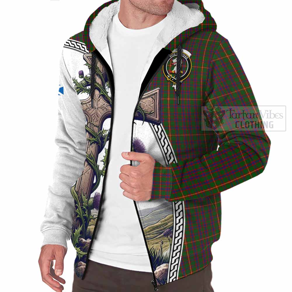 Tartan Vibes Clothing Hall Tartan Sherpa Hoodie with Family Crest and St. Andrew's Cross Accented by Thistle Vines