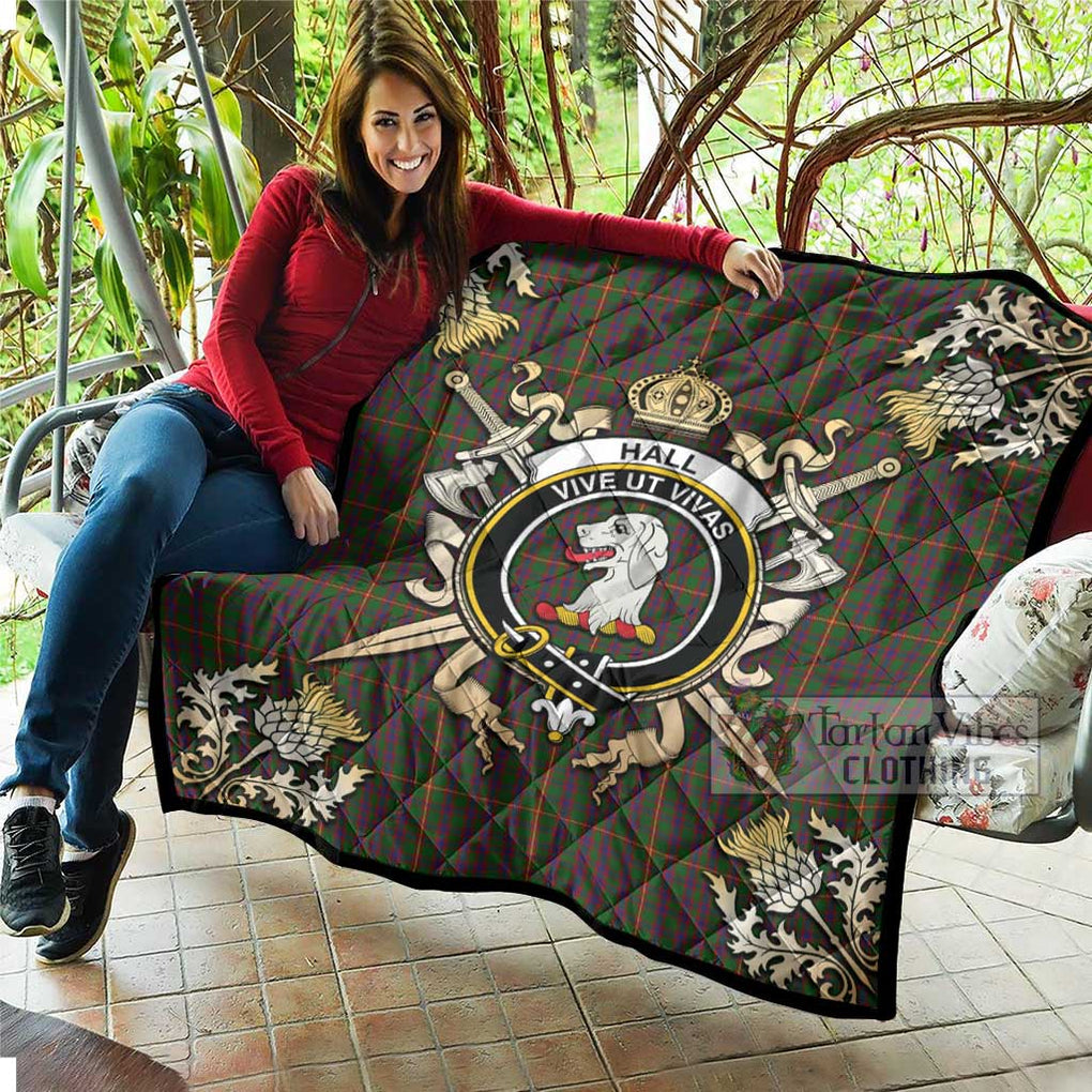 Tartan Vibes Clothing Hall Tartan Quilt with Family Crest and Scottish Golden Courage Shield