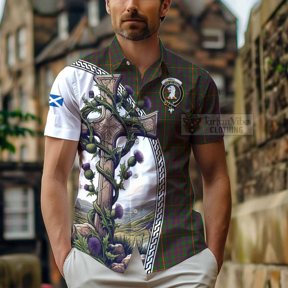 Tartan Vibes Clothing Hall Tartan Short Sleeve Button Shirt with Family Crest and St. Andrew's Cross Accented by Thistle Vines