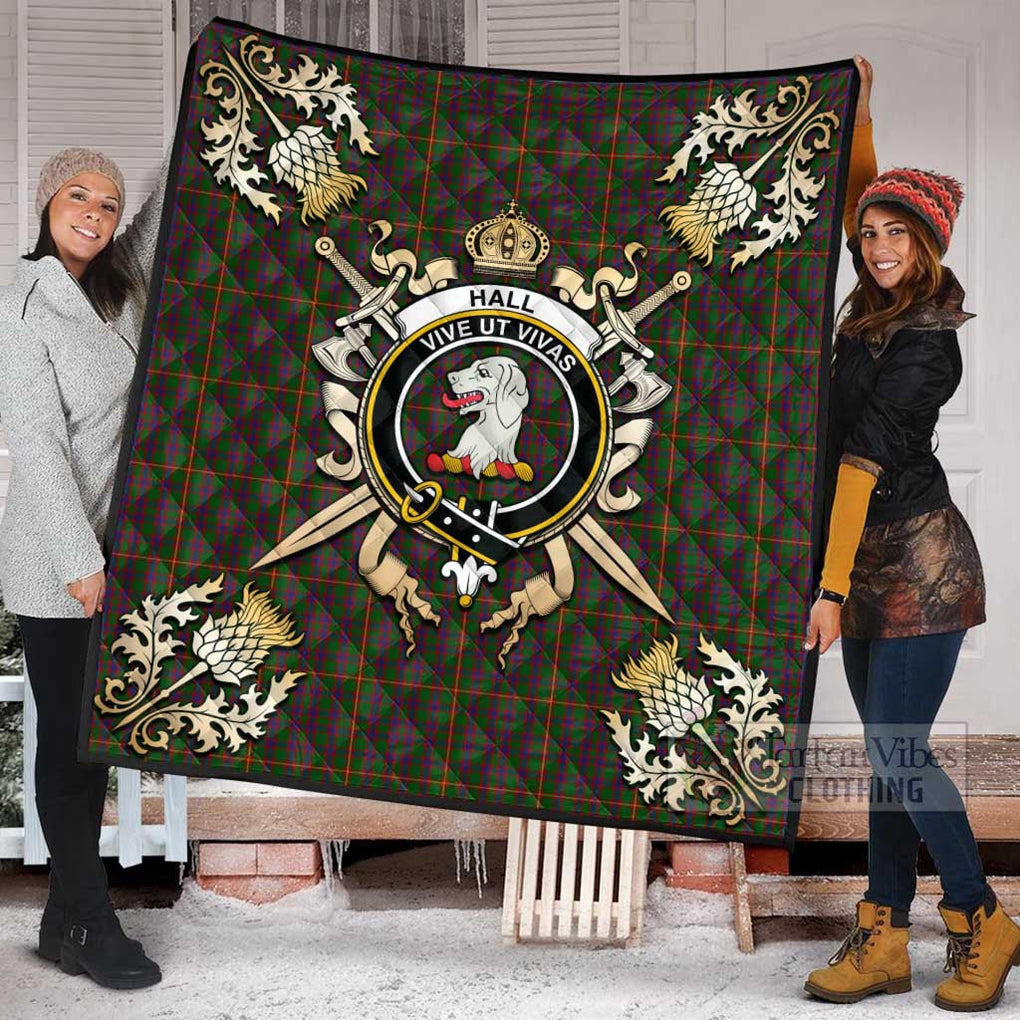 Tartan Vibes Clothing Hall Tartan Quilt with Family Crest and Scottish Golden Courage Shield