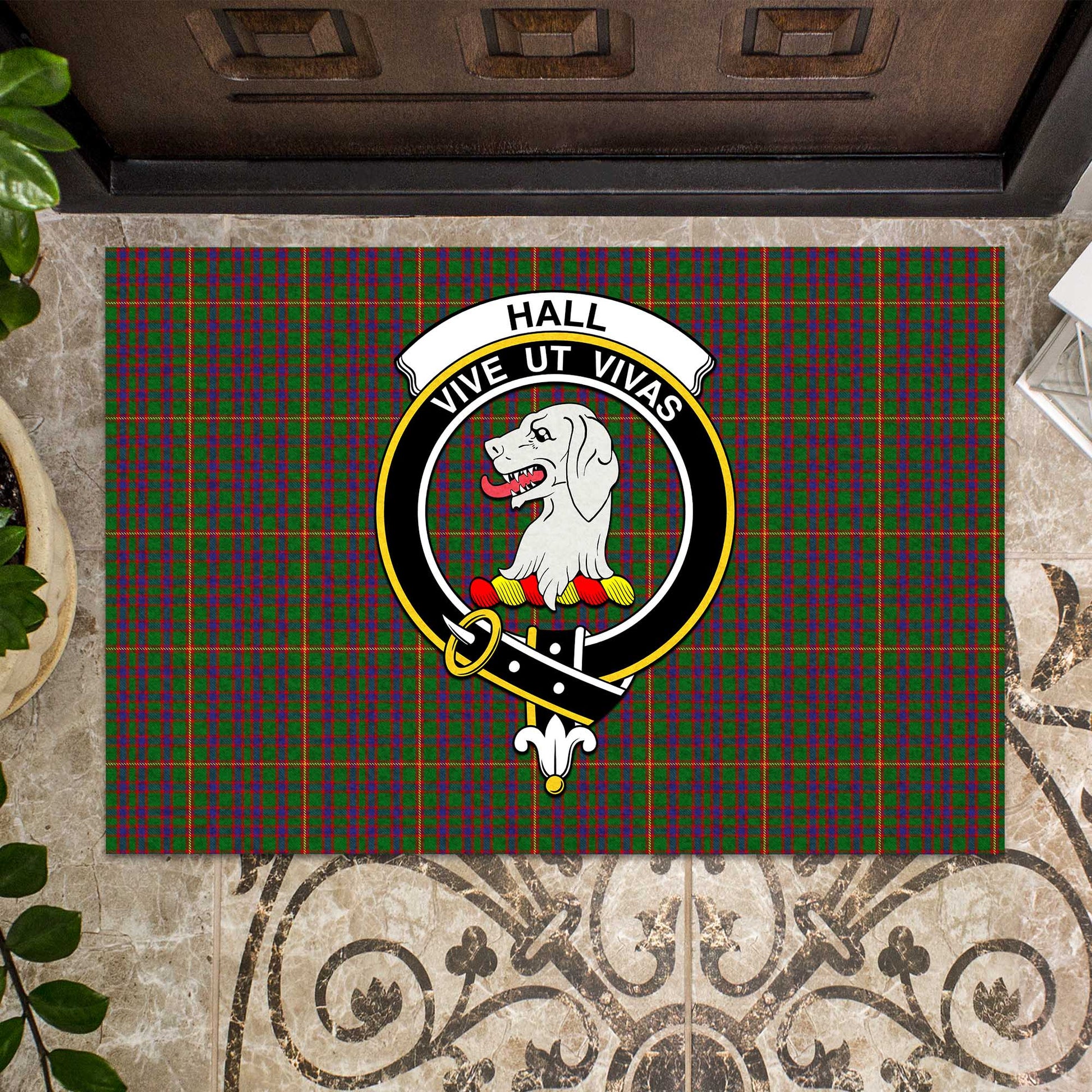 Hall Tartan Door Mat with Family Crest - Tartanvibesclothing