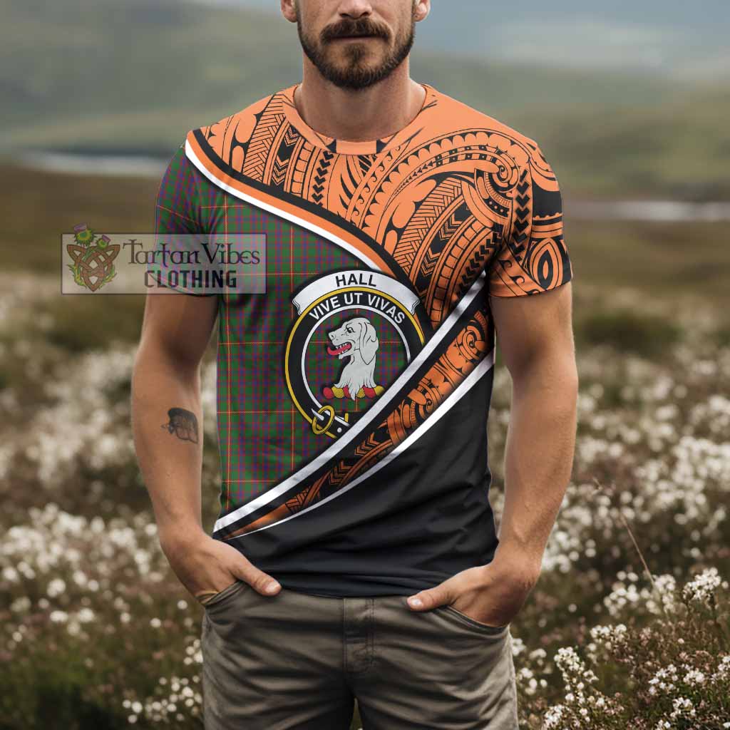 Tartan Vibes Clothing Hall Crest Tartan T-Shirt with Maori Tattoo Style - Orange Version