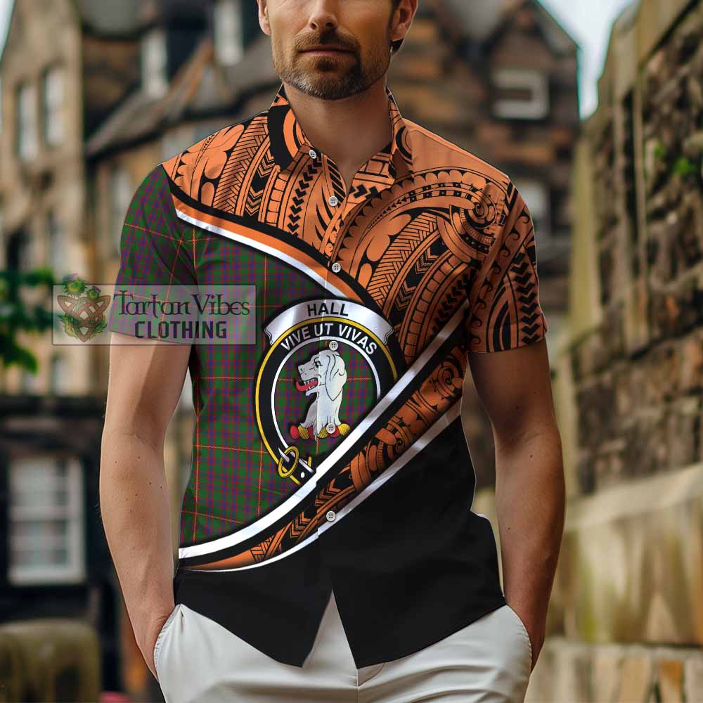 Tartan Vibes Clothing Hall Crest Tartan Short Sleeve Button Shirt with Maori Tattoo Style - Orange Version