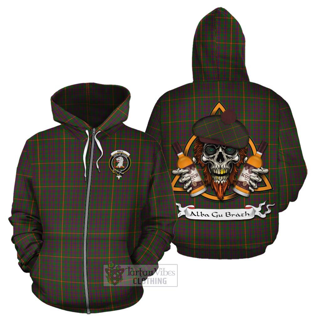 Tartan Vibes Clothing Hall Tartan Cotton Hoodie with Family Crest and Bearded Skull Holding Bottles of Whiskey