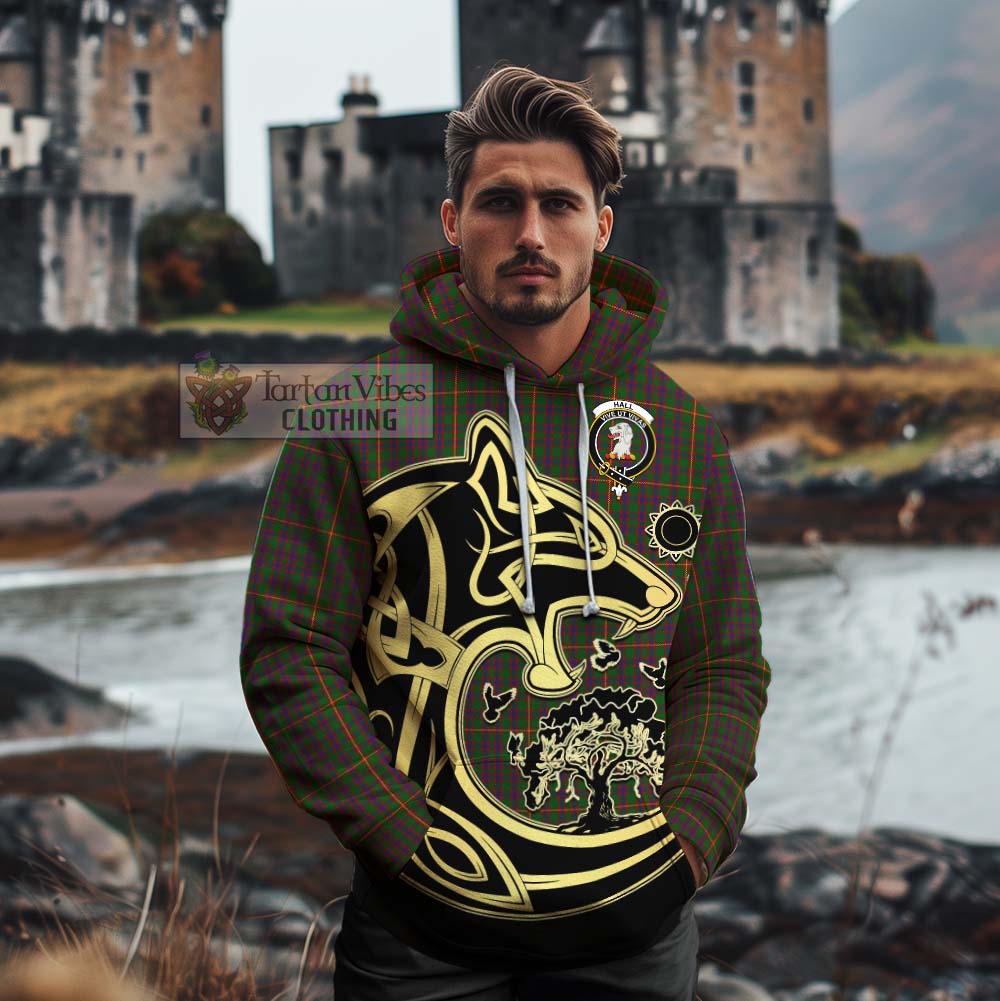 Tartan Vibes Clothing Hall Tartan Cotton Hoodie with Family Crest Celtic Wolf Style