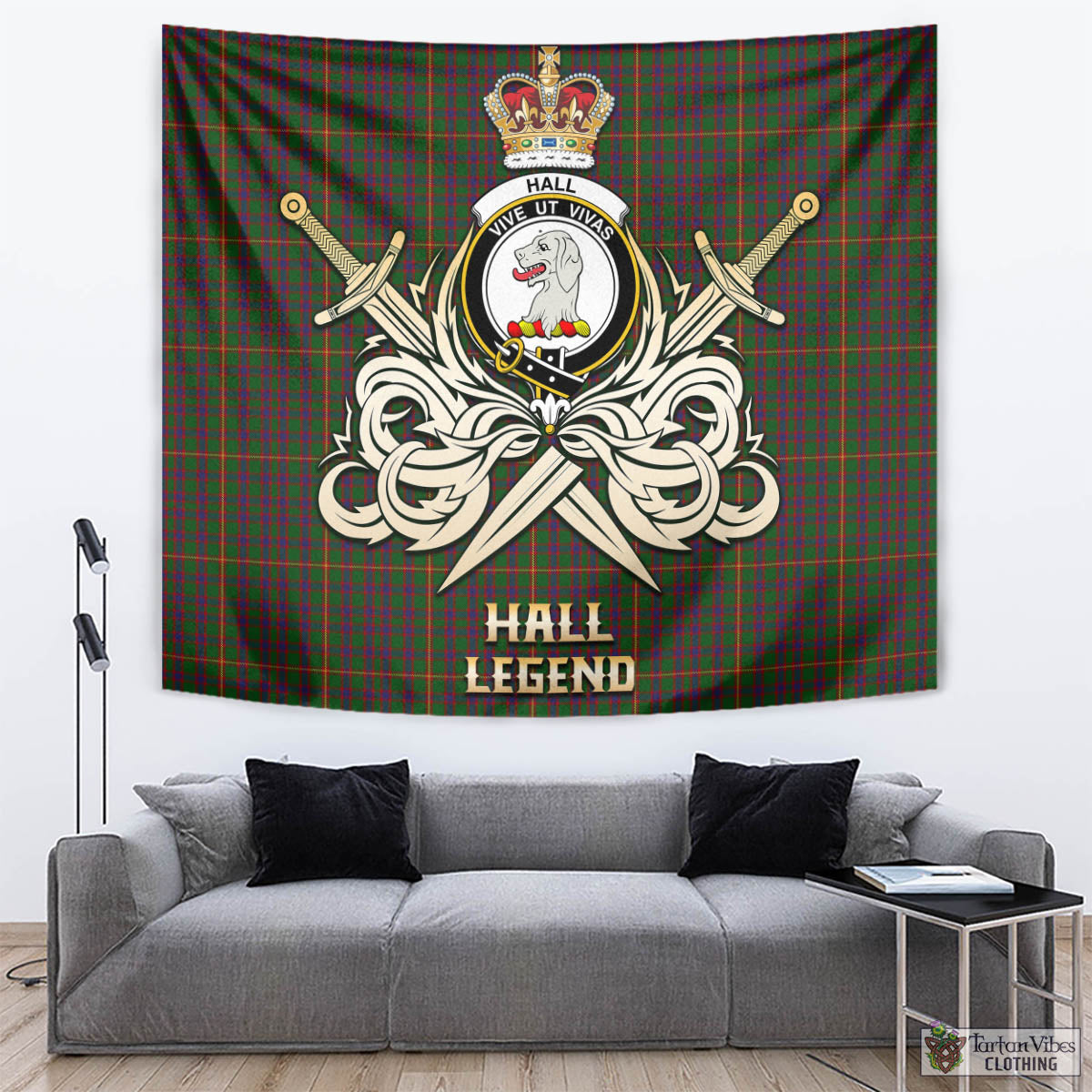 Tartan Vibes Clothing Hall Tartan Tapestry with Clan Crest and the Golden Sword of Courageous Legacy