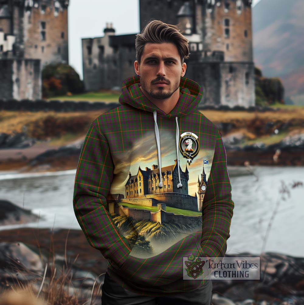 Hall Tartan Family Crest Cotton Hoodie with Scottish Ancient Castle Style - Tartan Vibes Clothing