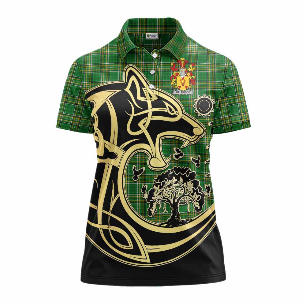 Haltridge Irish Tartan Women's Polo Shirt with Coat of Arms Celtic Wolf Style Women - Tartan Vibes Clothing