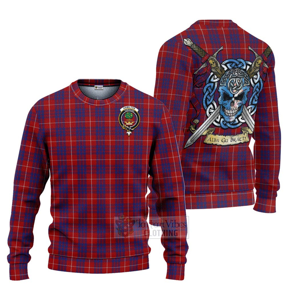 Tartan Vibes Clothing Hamilton Tartan Knitted Sweater with Family Crest Celtic Skull Style