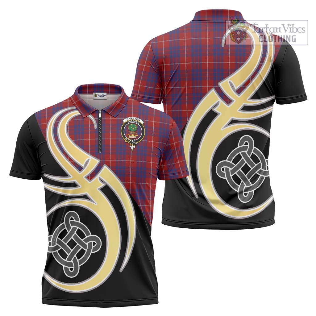 Tartan Vibes Clothing Hamilton Tartan Zipper Polo Shirt with Family Crest and Celtic Symbol Style