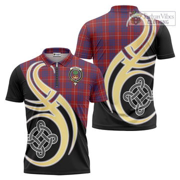 Hamilton Tartan Zipper Polo Shirt with Family Crest and Celtic Symbol Style