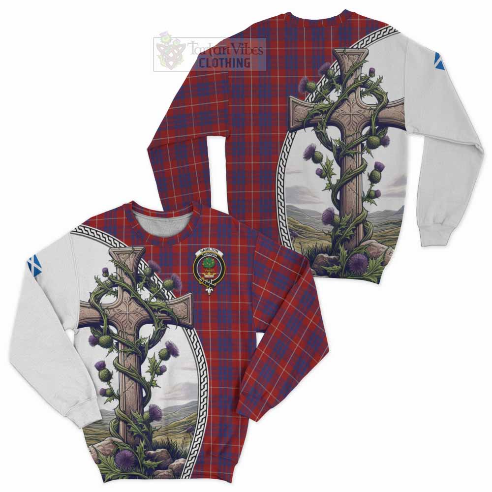 Tartan Vibes Clothing Hamilton Tartan Sweatshirt with Family Crest and St. Andrew's Cross Accented by Thistle Vines