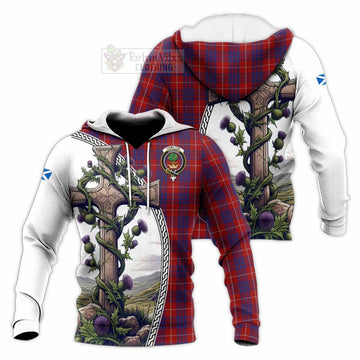 Hamilton Tartan Knitted Hoodie with Family Crest and St. Andrew's Cross Accented by Thistle Vines