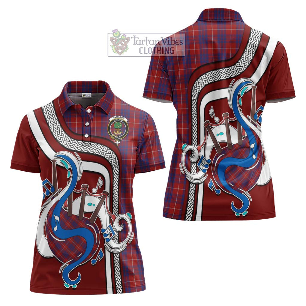 Hamilton Tartan Women's Polo Shirt with Epic Bagpipe Style Women - Tartanvibesclothing Shop