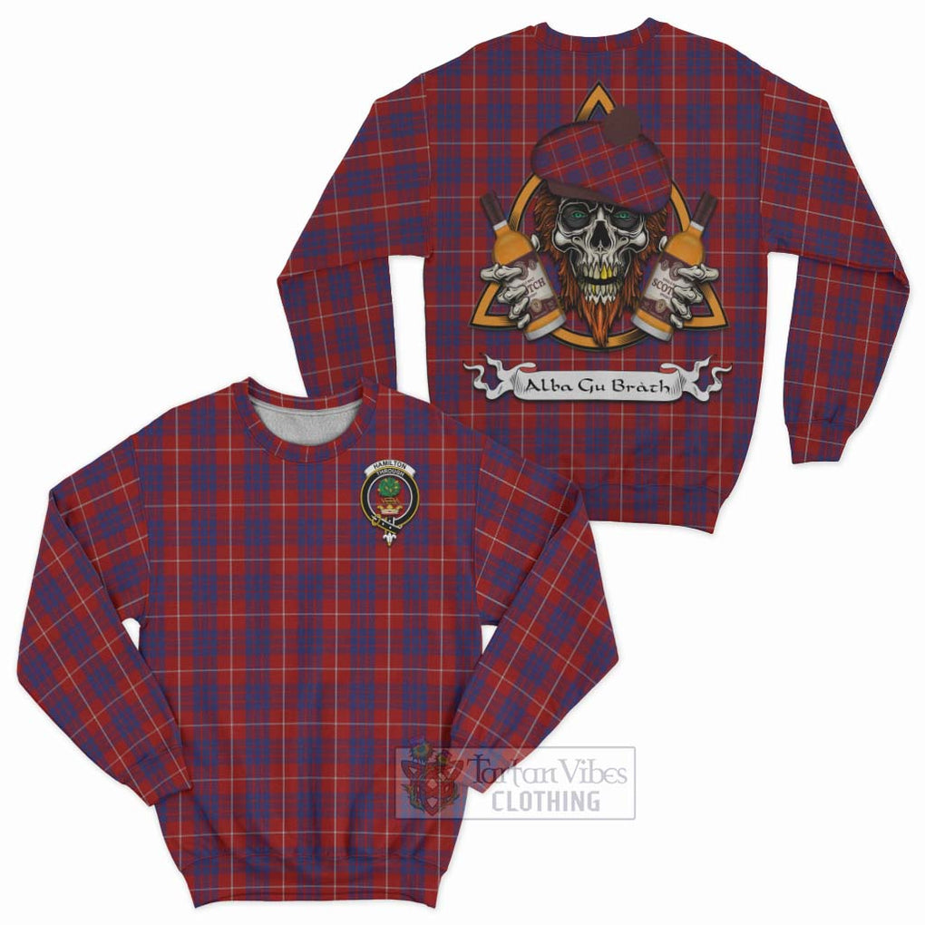 Tartan Vibes Clothing Hamilton Tartan Sweatshirt with Family Crest and Bearded Skull Holding Bottles of Whiskey