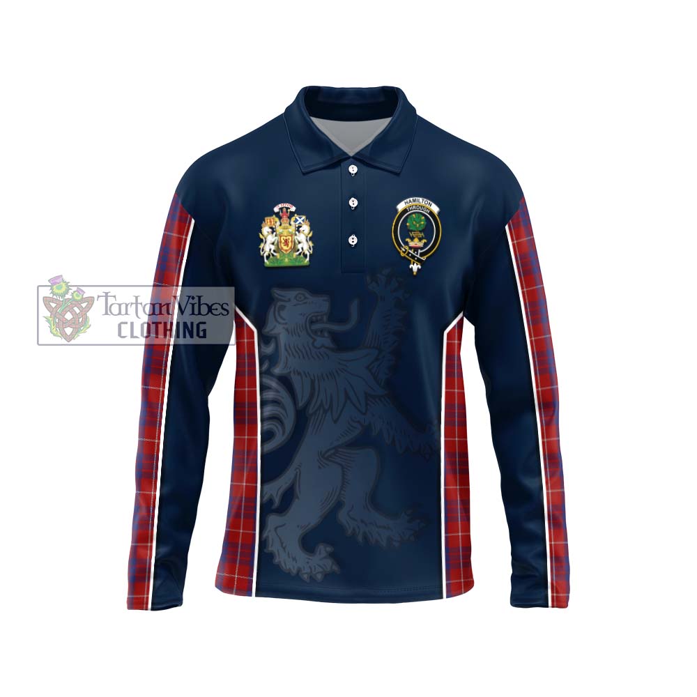 Hamilton Tartan Long Sleeve Polo Shirt with Family Crest and Lion Rampant Vibes Sport Style Unisex - Tartan Vibes Clothing