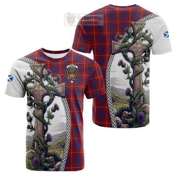 Hamilton Tartan Cotton T-shirt with Family Crest and St. Andrew's Cross Accented by Thistle Vines