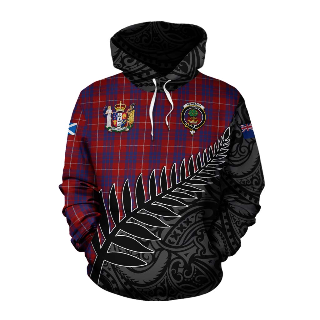 Tartan Vibes Clothing Hamilton Crest Tartan Cotton Hoodie with New Zealand Silver Fern Half Style