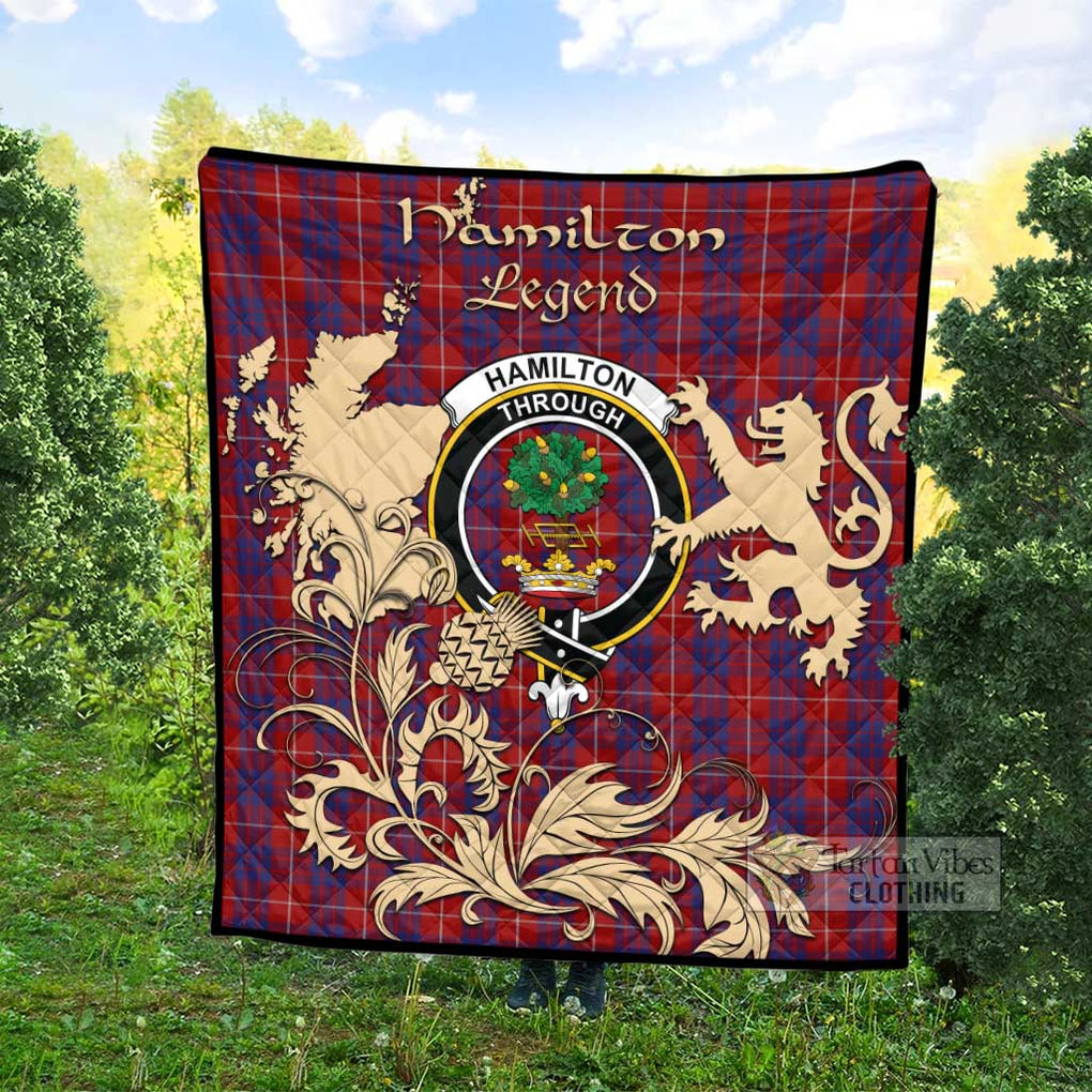 Tartan Vibes Clothing Hamilton Tartan Quilt with Family Crest and Scottish Symbol Style