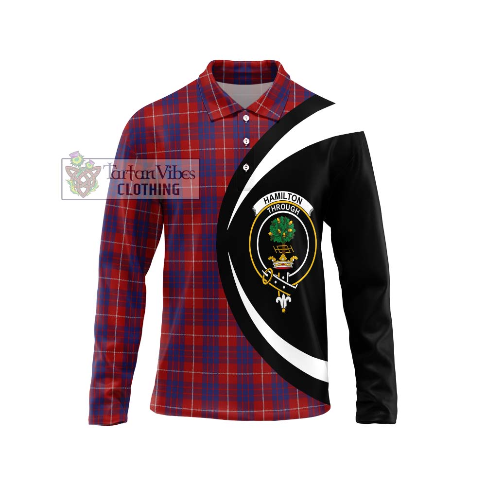 Hamilton Tartan Long Sleeve Polo Shirt with Family Crest Circle Style Unisex - Tartan Vibes Clothing