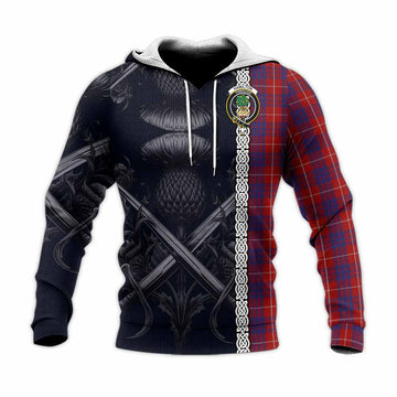 Hamilton Tartan Knitted Hoodie with Family Crest Cross Sword Thistle Celtic Vibes