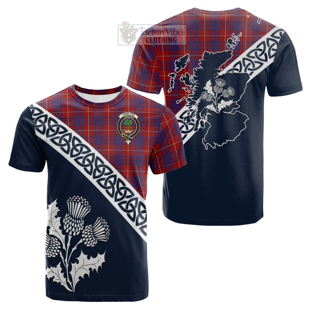 Tartan Vibes Clothing Hamilton Tartan Cotton T-shirt Featuring Thistle and Scotland Map