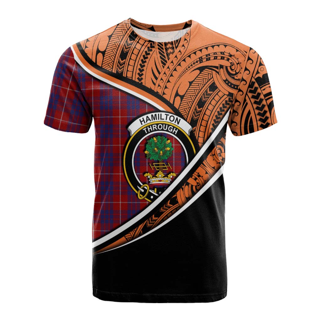 Tartan Vibes Clothing Hamilton Crest Tartan Cotton T-shirt with Maori Tattoo Style - Orange Version