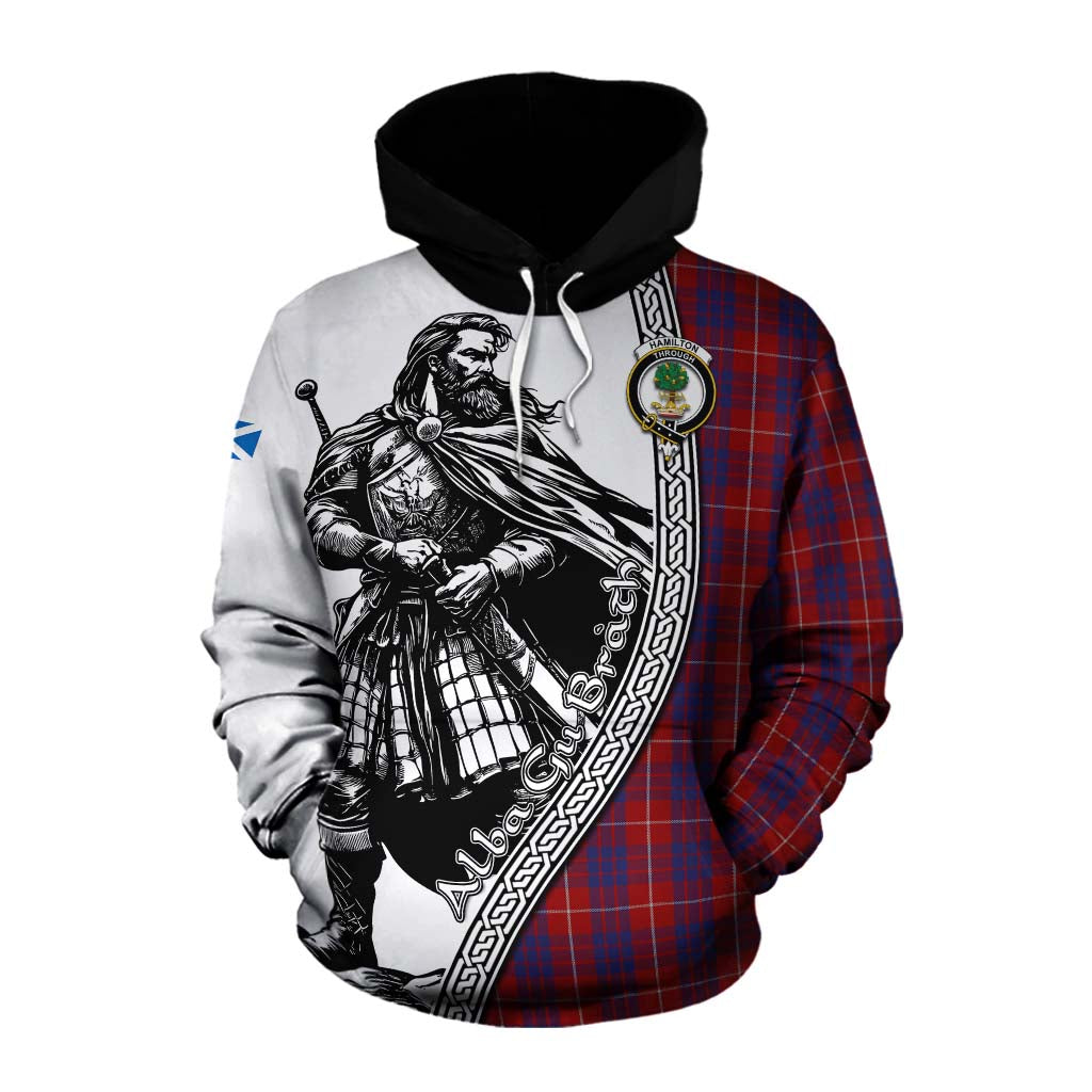 Tartan Vibes Clothing Hamilton Tartan Clan Crest Cotton Hoodie with Highlander Warrior Celtic Style