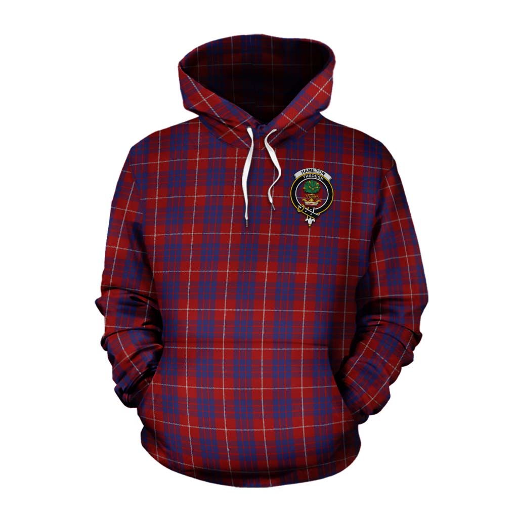 Tartan Vibes Clothing Hamilton Tartan Cotton Hoodie with Family Crest and Bearded Skull Holding Bottles of Whiskey