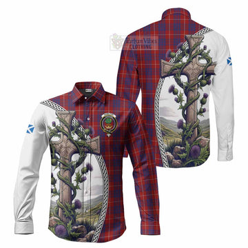 Hamilton Tartan Long Sleeve Button Shirt with Family Crest and St. Andrew's Cross Accented by Thistle Vines