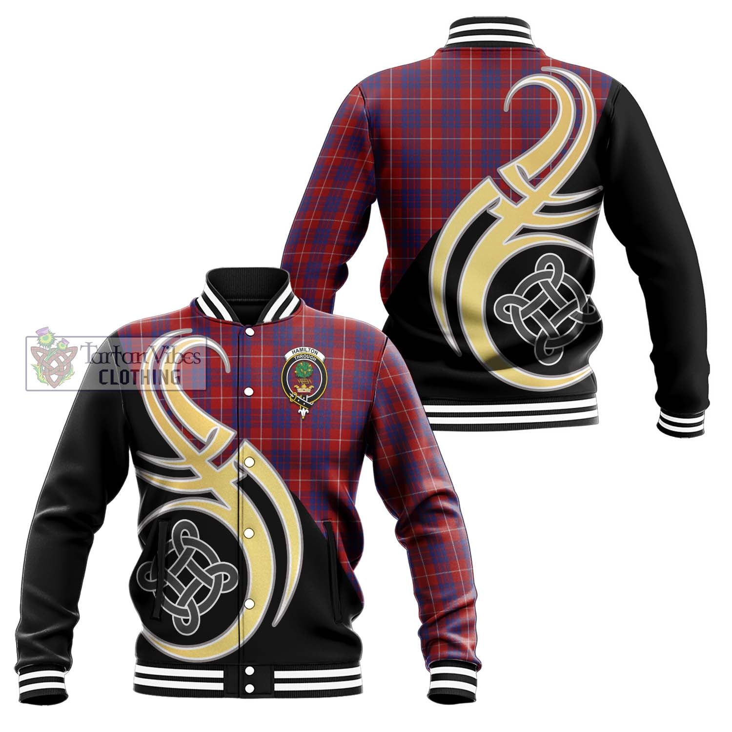 Hamilton Tartan Baseball Jacket with Family Crest and Celtic Symbol Style Unisex - Tartan Vibes Clothing