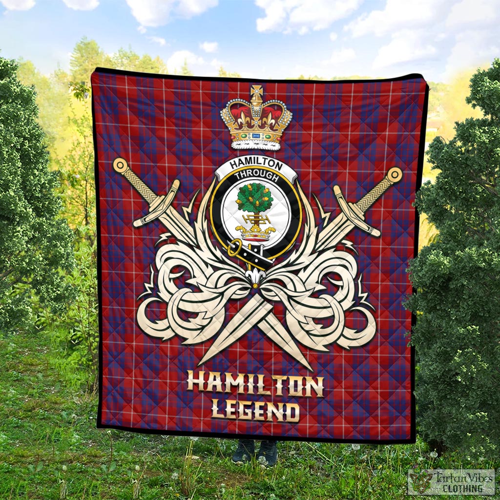 Tartan Vibes Clothing Hamilton Tartan Quilt with Clan Crest and the Golden Sword of Courageous Legacy